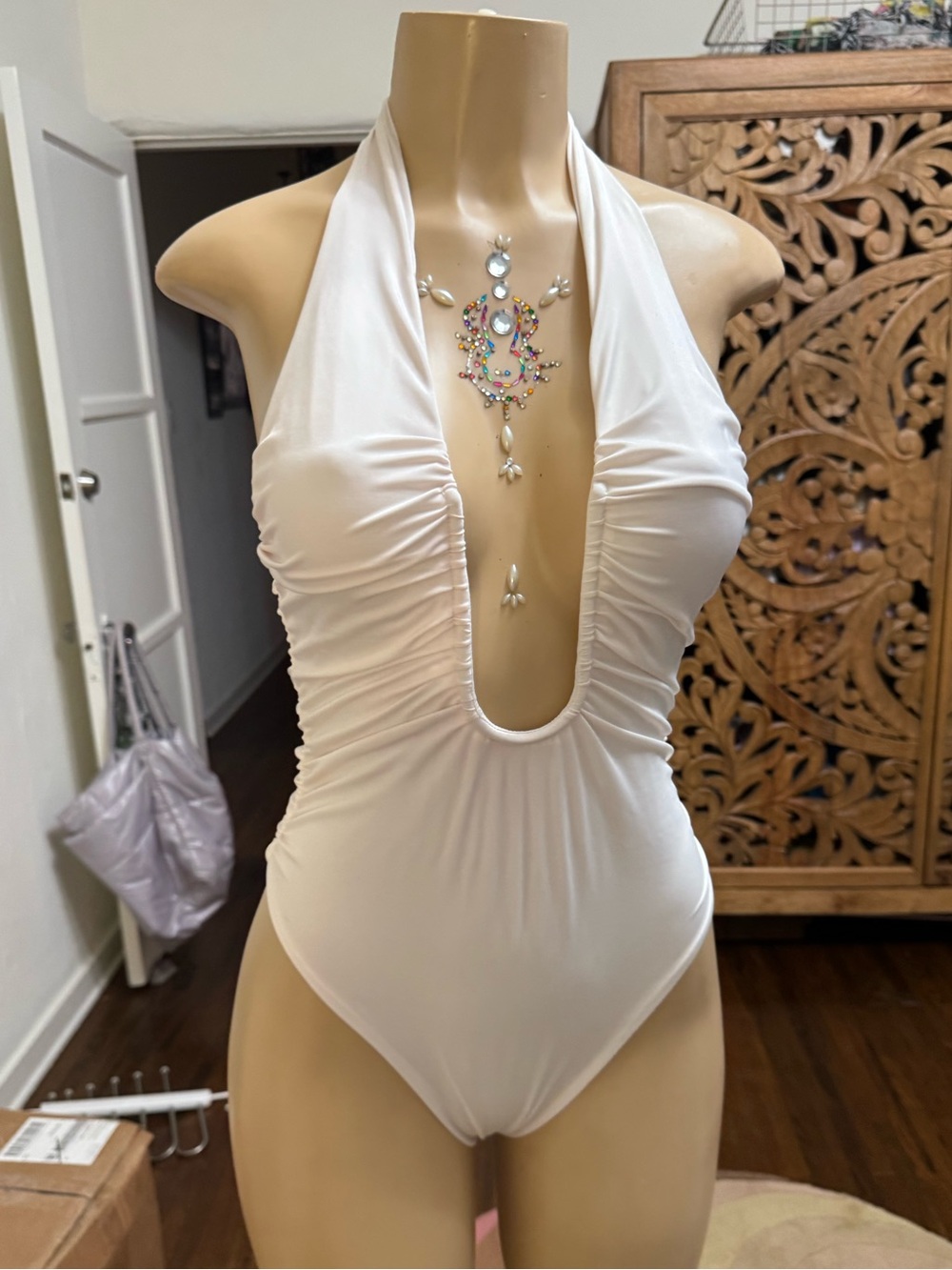 Oh Polly White Halter Plunge One Piece Swimsuit